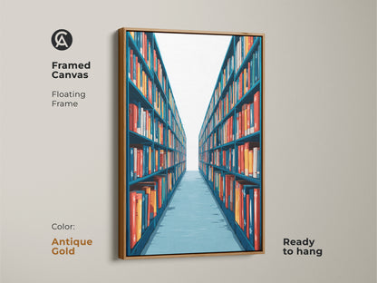 Framed Canvas featuring teal and red bookshelf artwork with a floating antique gold frame. This intellectual wall art is ready to hang. It is a striking addition to your contemporary office decor.
