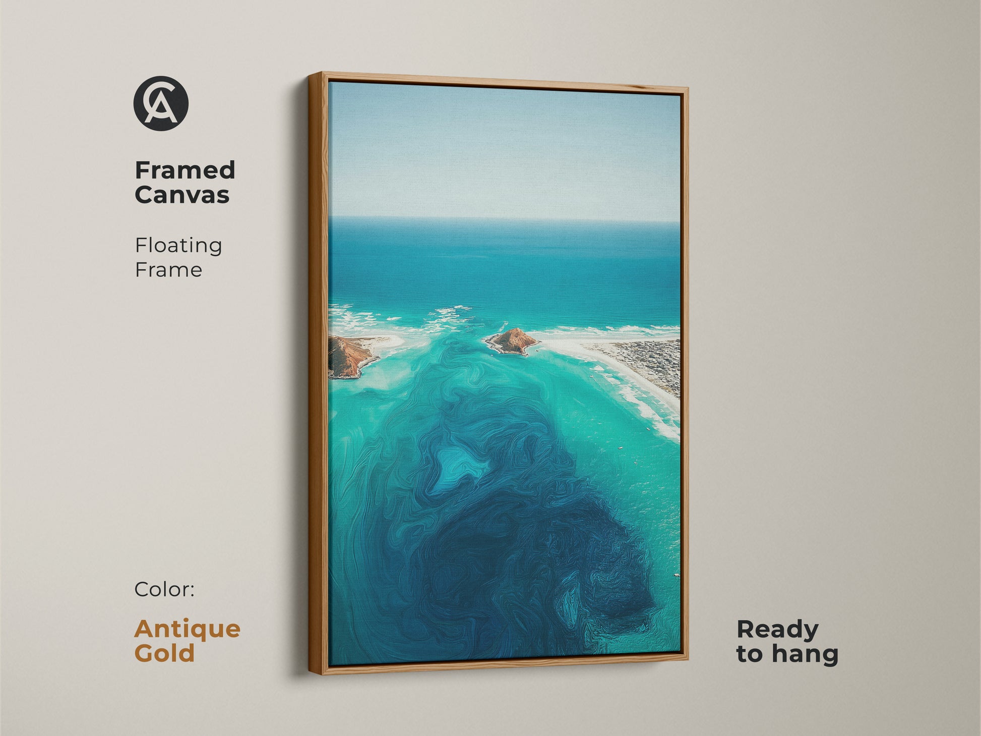 Antique gold framed canvas of an abstract ocean. This turquoise aerial view artwork is coastal landscape wall art. It features deep blue swirls and aqua beach house decor. The floating frame is ready to hang.