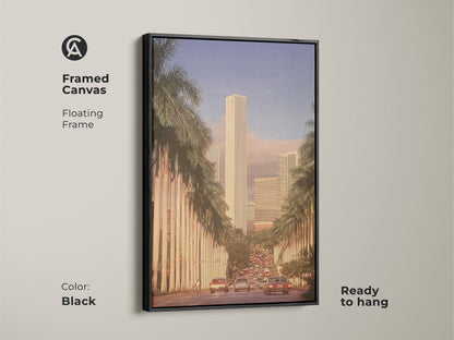 This framed canvas presents a retro cityscape art piece with skyscrapers and palm trees. The black floating frame enhances the mid-century modern artwork. Ready to hang this golden hour art adds a touch of urban sophistication. It's perfect for any room.