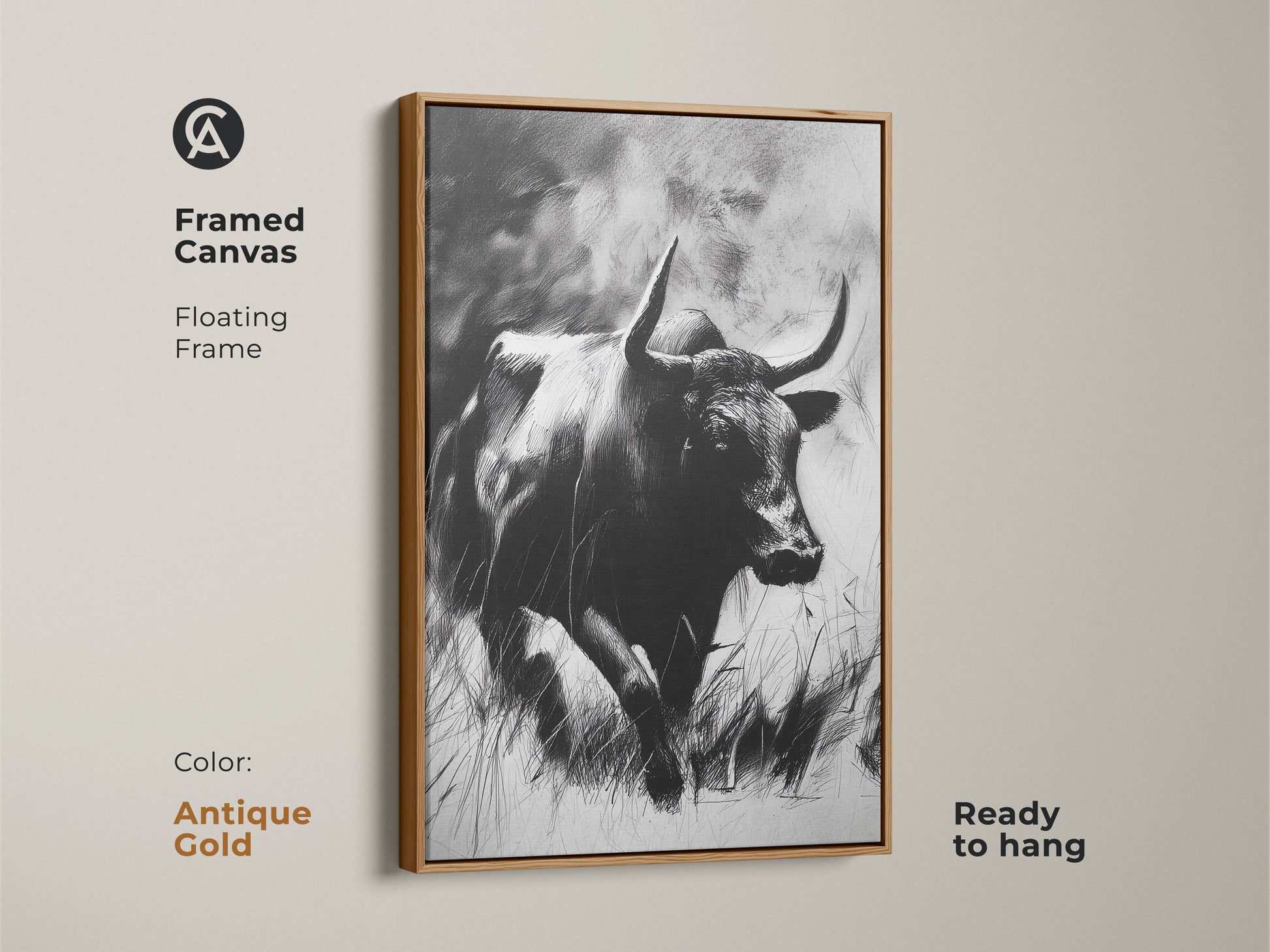 White framed canvas art with a rustic bull sketch. Monochrome animal print ready to hang in your home. Ideal for farmhouse or modern office decor. Wildlife art gift for ranchers and nature enthusiasts. The clean frame enhances the artwork.