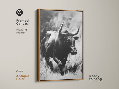 White framed canvas art with a rustic bull sketch. Monochrome animal print ready to hang in your home. Ideal for farmhouse or modern office decor. Wildlife art gift for ranchers and nature enthusiasts. The clean frame enhances the artwork.