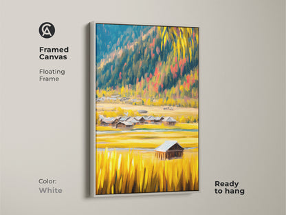 White framed canvas print of a rustic barn landscape. Golden yellow fields and blue mountains create a serene farmhouse scene. This artwork makes a wonderful wall art for the bedroom. Ready to hang it will add a rustic charm to any living space.