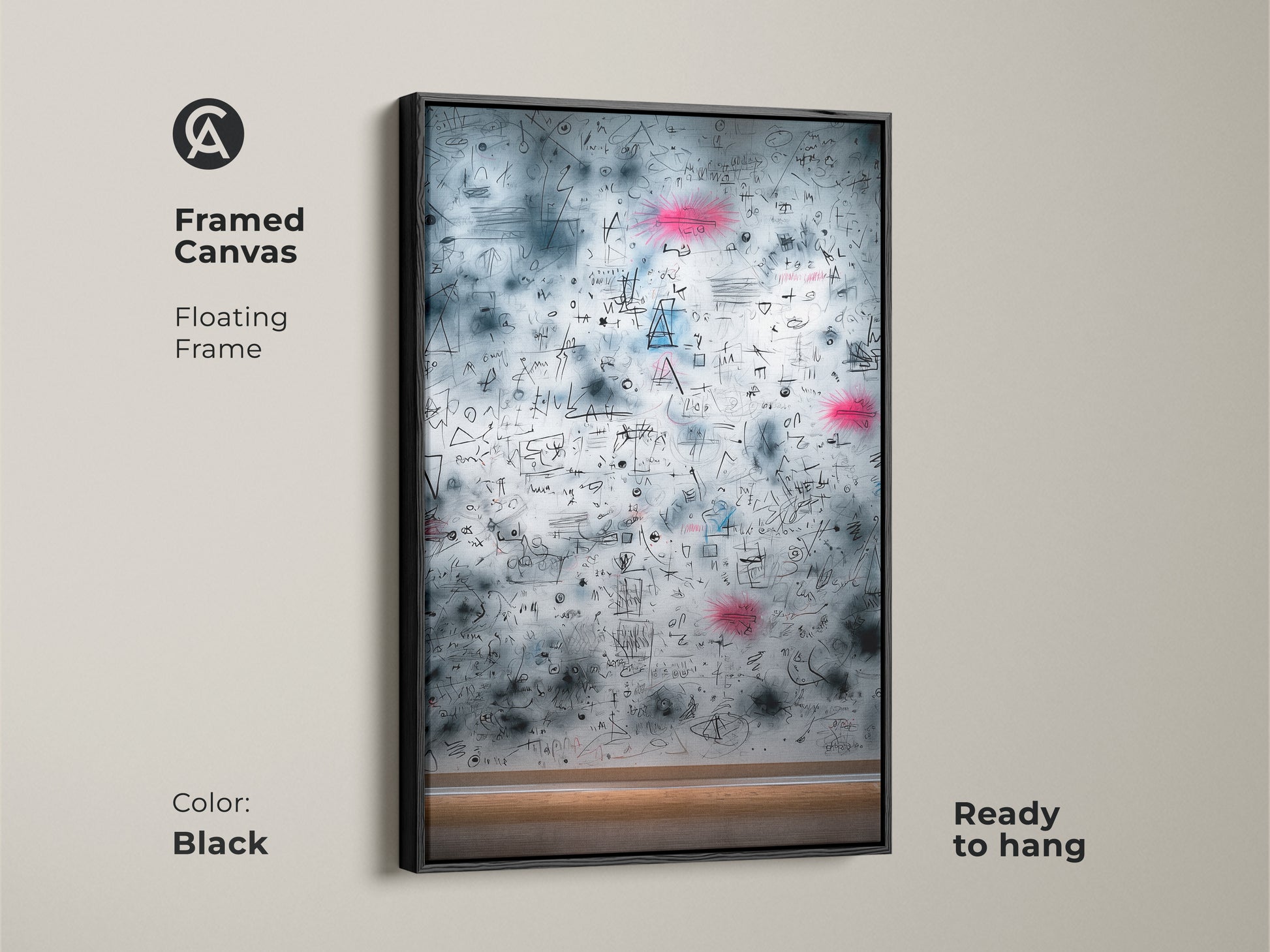 Black framed canvas print with abstract math equations. The floating frame adds sophistication. This unique artwork is ready to hang. It makes a statement in any space with its modern style.