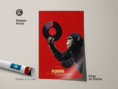 Poster print showcasing a chimpanzee with a vinyl record. This retro pop art piece is rolled in a tube and easy to frame. The eclectic music wall art features a dark gray and red animal print. A cool office art music theme for vinyl enthusiasts.