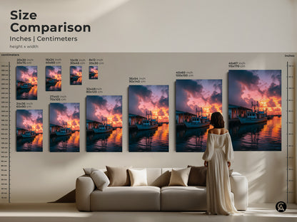 Size comparison of coastal sunset canvas prints. See how the fishing boat art looks in different dimensions above a sofa. Choose the perfect size for your nautical themed canvas or beach house decor. Ideal for seaside landscape canvas or a tranquil marina canvas.