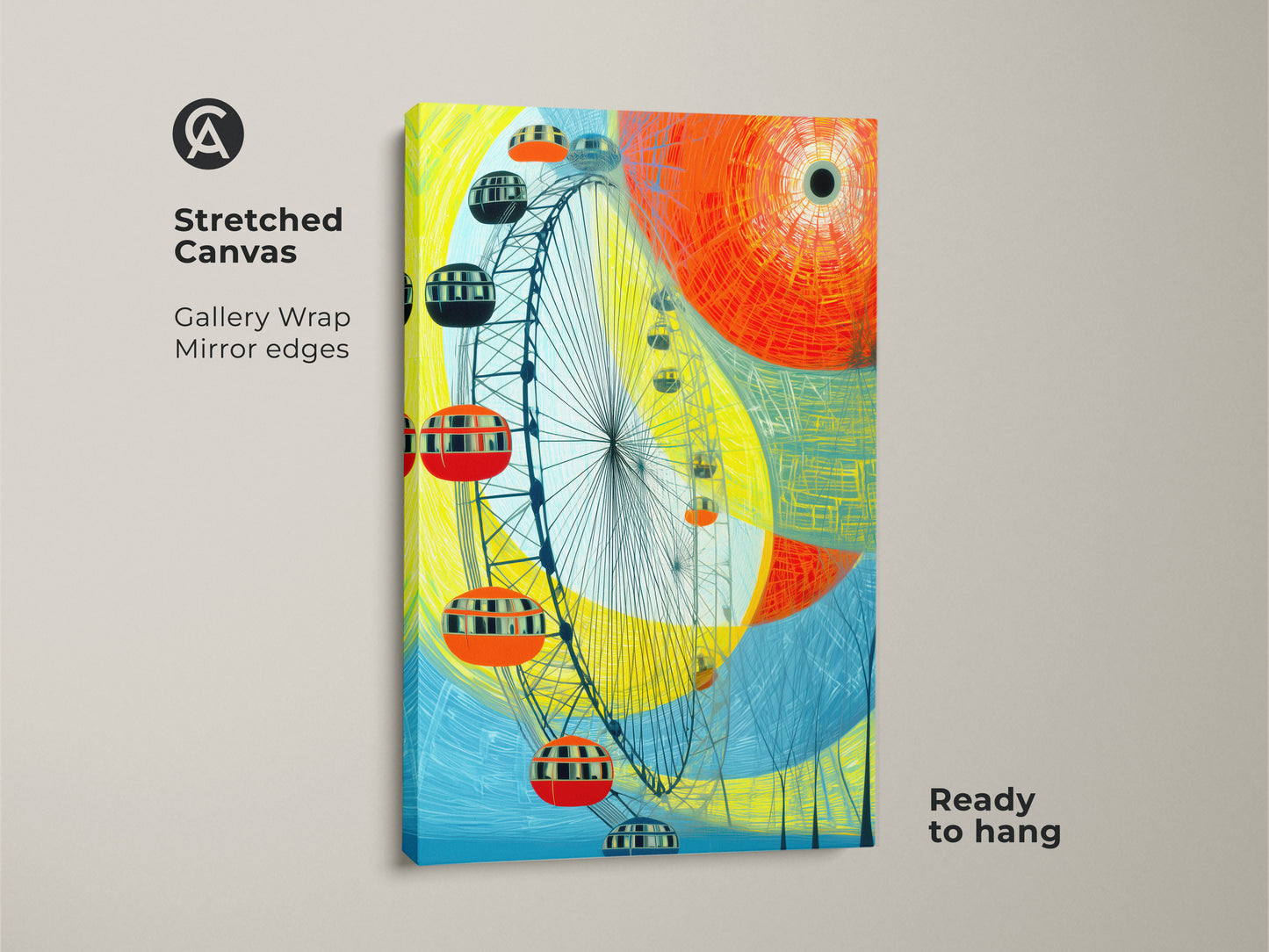 Stretched canvas of an abstract Ferris wheel artwork with gallery wrapped mirror edges ready to hang. The yellow orange and blue modern cityscape print adds a vibrant touch. Ideal contemporary travel art for entry hall wall decor this piece makes a perfect housewarming gift for modern abstract art lovers.