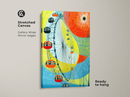 Stretched canvas of an abstract Ferris wheel artwork with gallery wrapped mirror edges ready to hang. The yellow orange and blue modern cityscape print adds a vibrant touch. Ideal contemporary travel art for entry hall wall decor this piece makes a perfect housewarming gift for modern abstract art lovers.