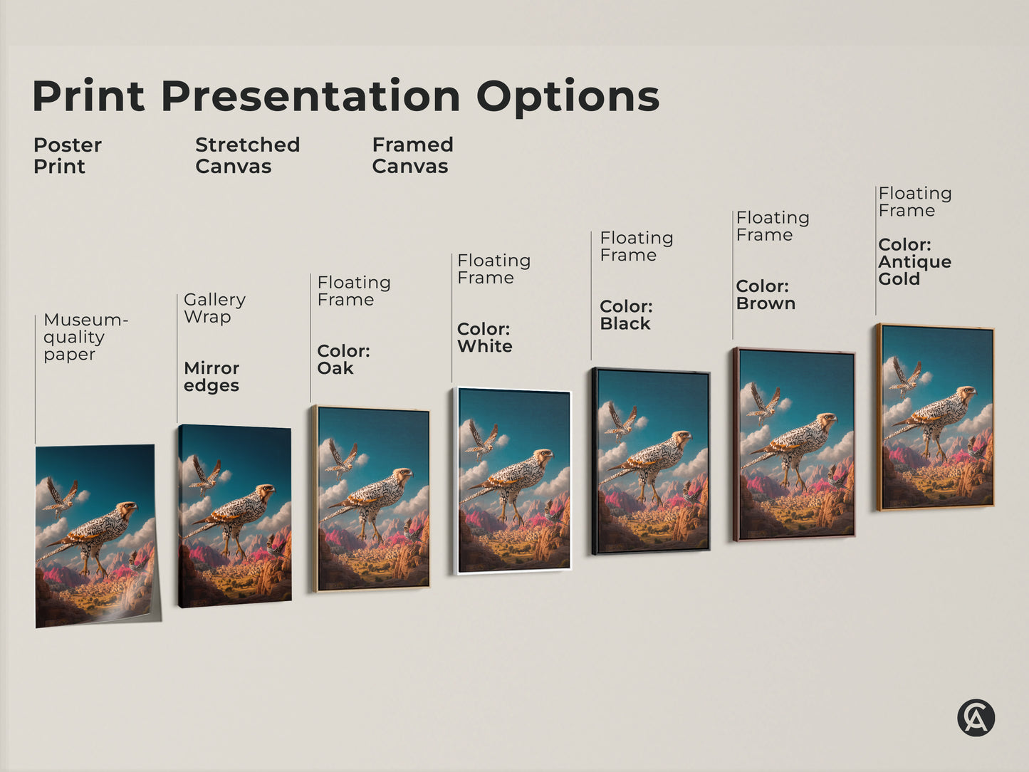 Sizing guide for surreal falcon artwork shows vertical orientation. Canvas and poster options are available in sizes from small to large. Visualize 8x12 to 45x67 inch prints in a home setting. Choose the perfect scale for your eclectic home decor.