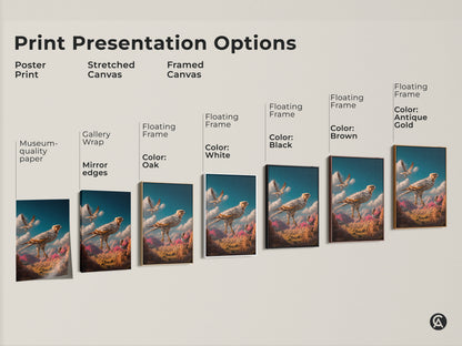 Sizing guide for surreal falcon artwork shows vertical orientation. Canvas and poster options are available in sizes from small to large. Visualize 8x12 to 45x67 inch prints in a home setting. Choose the perfect scale for your eclectic home decor.