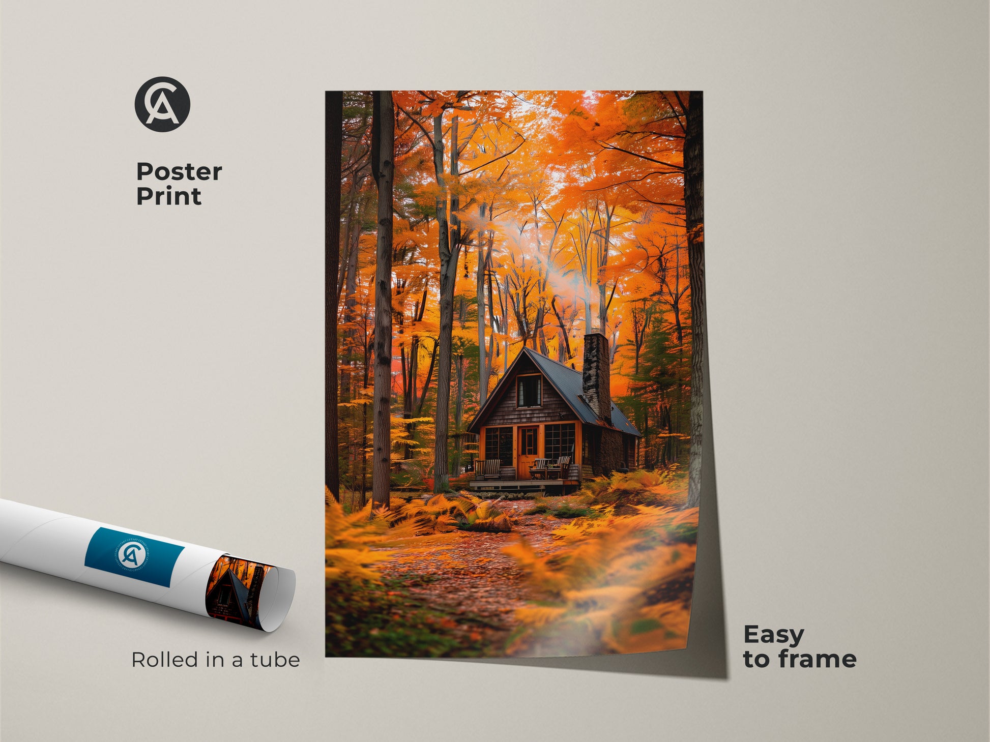 Poster print of a cabin nestled in an autumn forest. This fine art is rolled in a tube for protection and easy framing. Add a touch of nature to your home decor with this cabin artwork. Shop now for easy to frame prints.