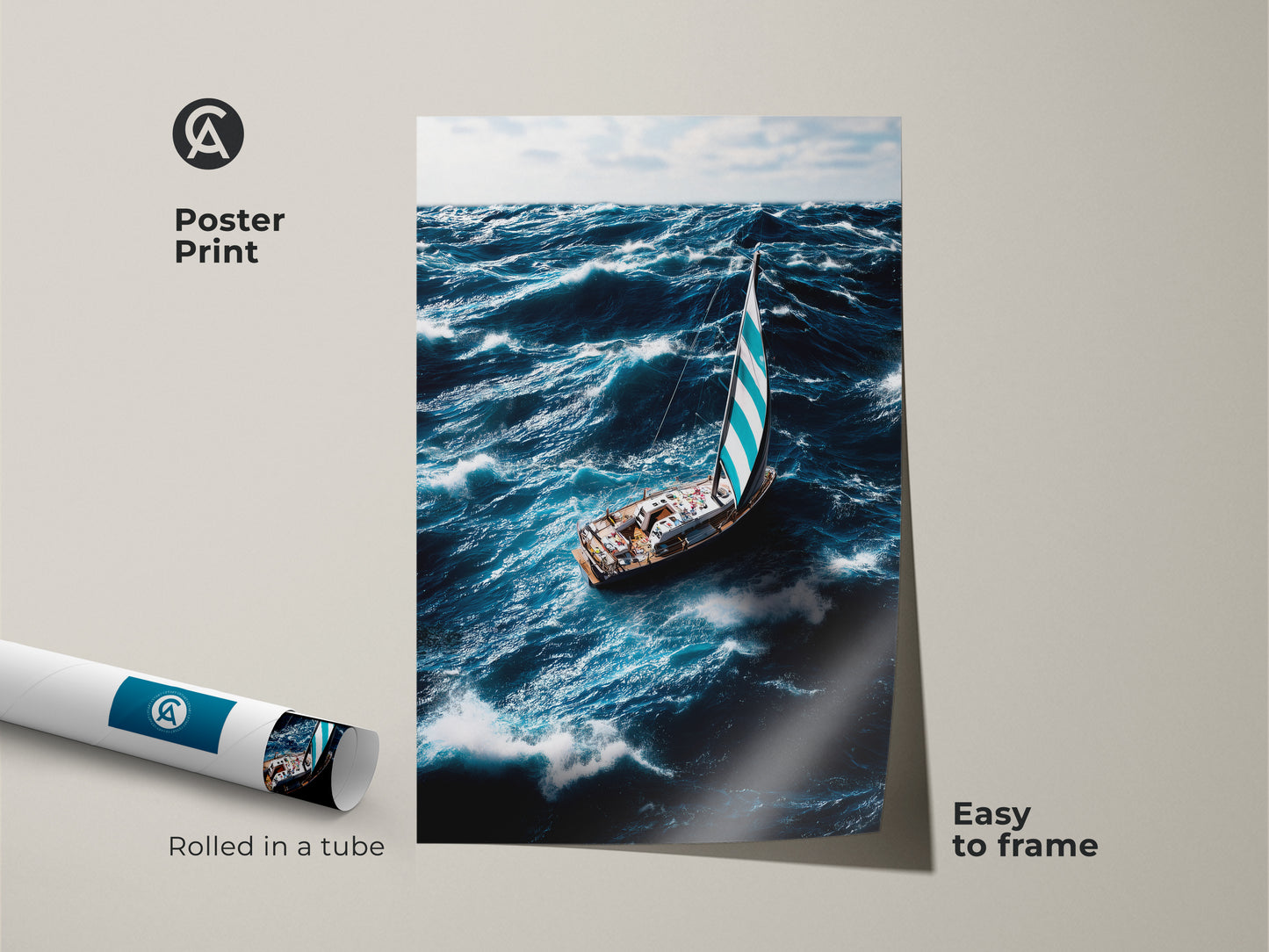 Poster print of a sailboat in ocean waves. The teal blue ocean art is easy to frame. This nautical artwork features a realistic sailboat painting. Rolled in a tube for protection. Coastal living room art adds a touch of maritime adventure