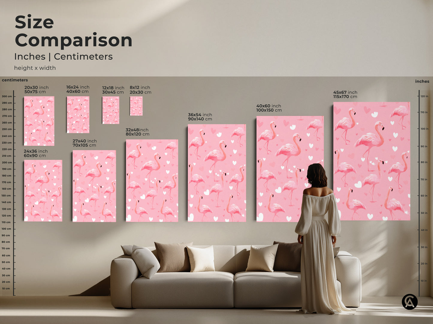 A size comparison of pink flamingo artwork in inches and centimeters. See how the canvas art fits above a couch. Different sizes are available. This tropical bird artwork adds a boho touch to any living room.