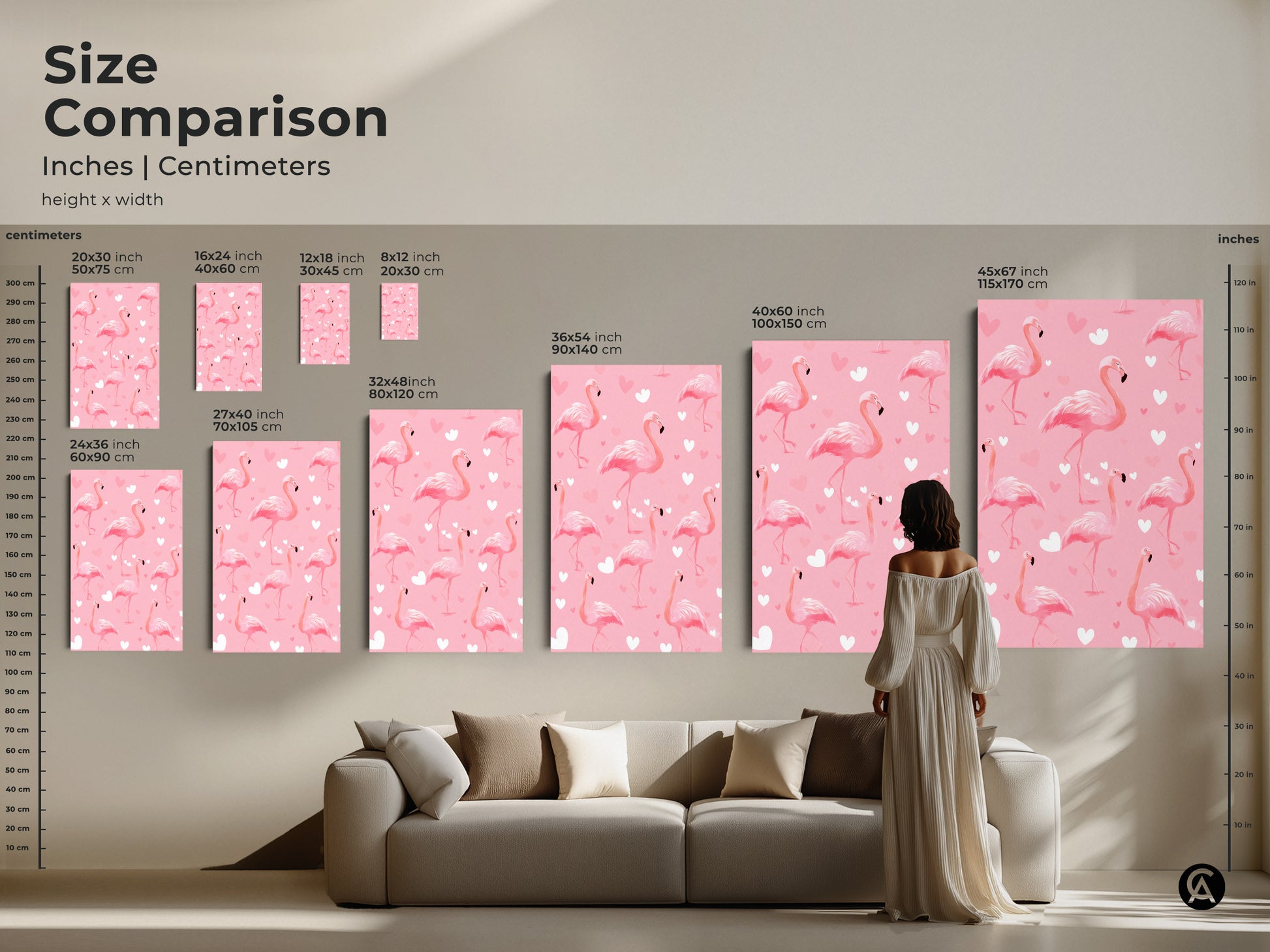 A size comparison of pink flamingo artwork in inches and centimeters. See how the canvas art fits above a couch. Different sizes are available. This tropical bird artwork adds a boho touch to any living room.