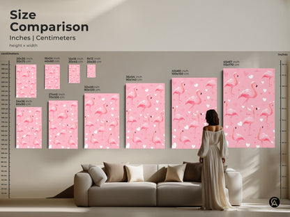 A size comparison of pink flamingo artwork in inches and centimeters. See how the canvas art fits above a couch. Different sizes are available. This tropical bird artwork adds a boho touch to any living room.