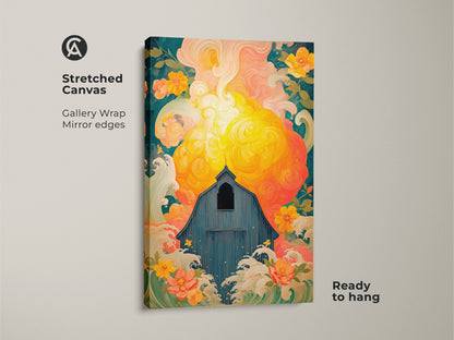 Stretched Canvas artwork showcasing a Blue Barn with Yellow Coral flowers. This Gallery Wrap with mirror edges offers a ready-to-hang solution. The abstract floral art print blends an eclectic country style with nature landscape art. This piece is perfect for farmhouse wall art in a coastal farmhouse decor style.