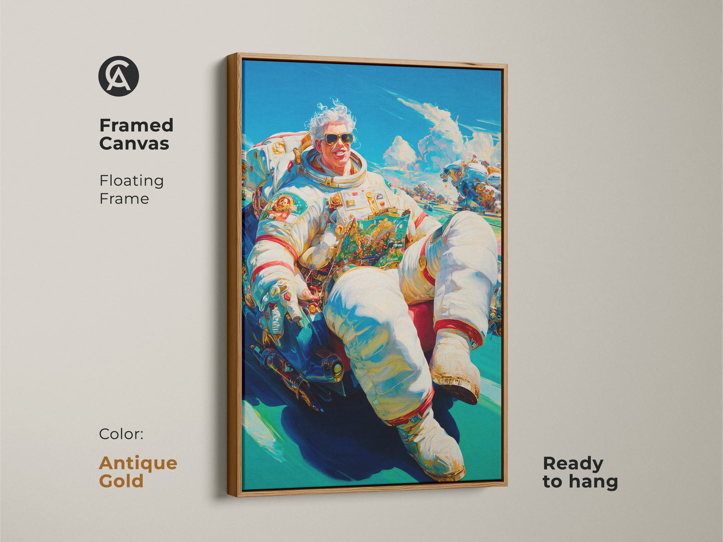 Framed canvas artwork in antique gold. It presents an astronaut lounging in a futuristic vehicle. The floating frame adds elegance. The artwork is ready to hang. Ideal for adding a touch of luxury to your decor.