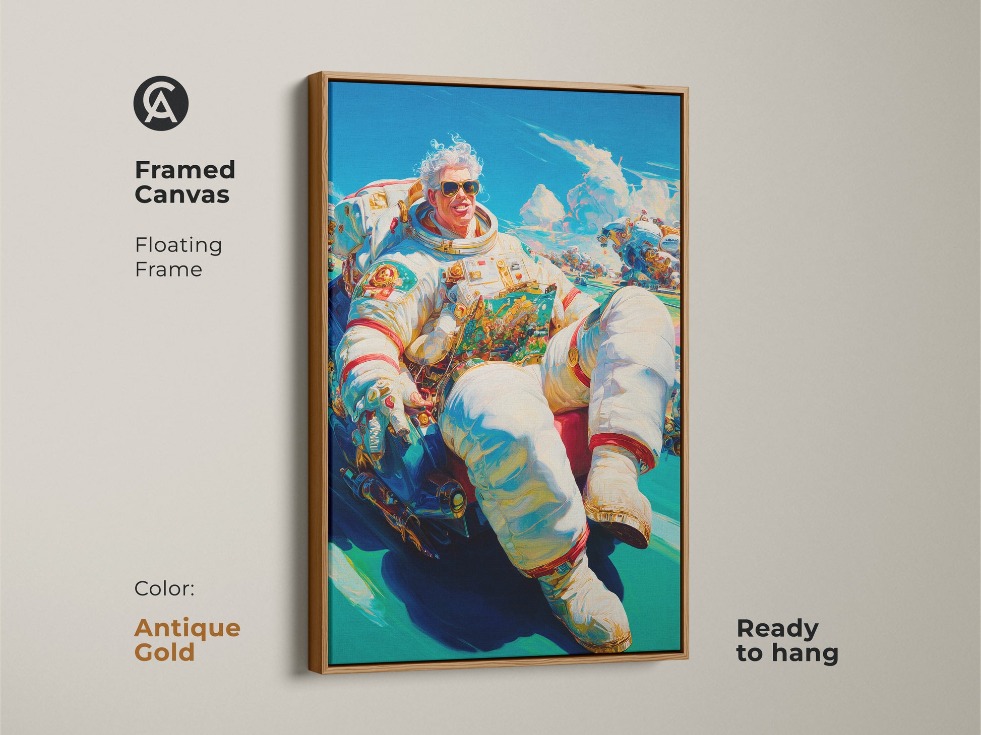 Framed canvas artwork in antique gold. It presents an astronaut lounging in a futuristic vehicle. The floating frame adds elegance. The artwork is ready to hang. Ideal for adding a touch of luxury to your decor.