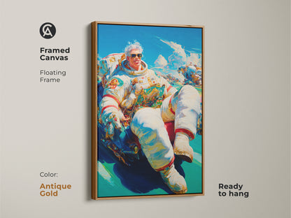 Framed canvas artwork in antique gold. It presents an astronaut lounging in a futuristic vehicle. The floating frame adds elegance. The artwork is ready to hang. Ideal for adding a touch of luxury to your decor.