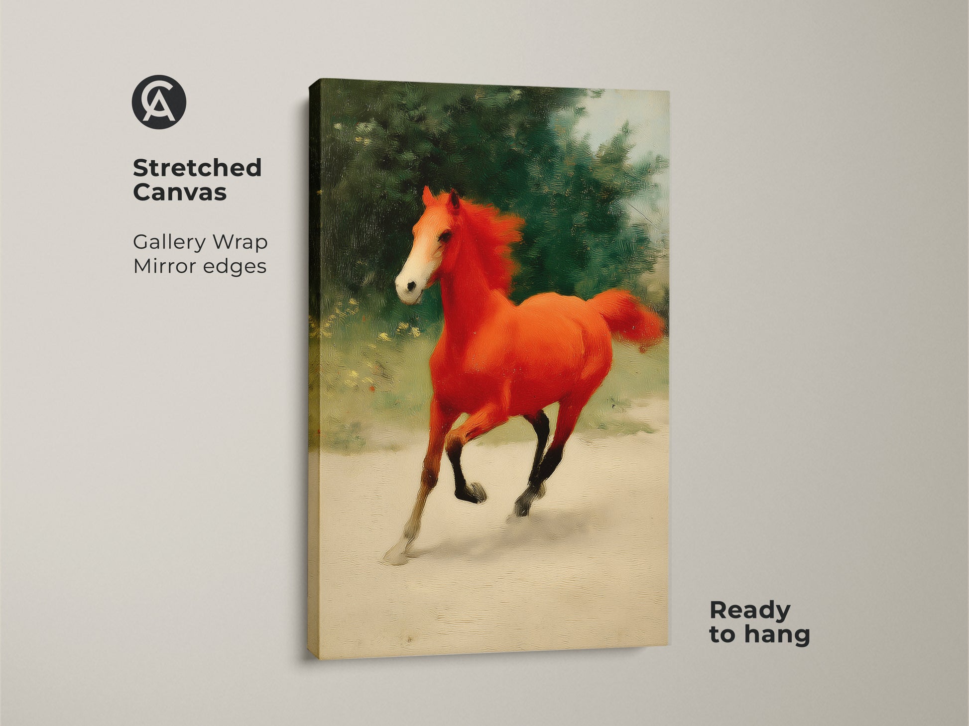 Stretched canvas print featuring a galloping orange horse. This equine artwork uses gallery wrap with mirrored edges. Ready to hang this piece brings bold color and energy. Ideal eclectic decor for horse lovers. It showcases animal movement in vibrant detail.