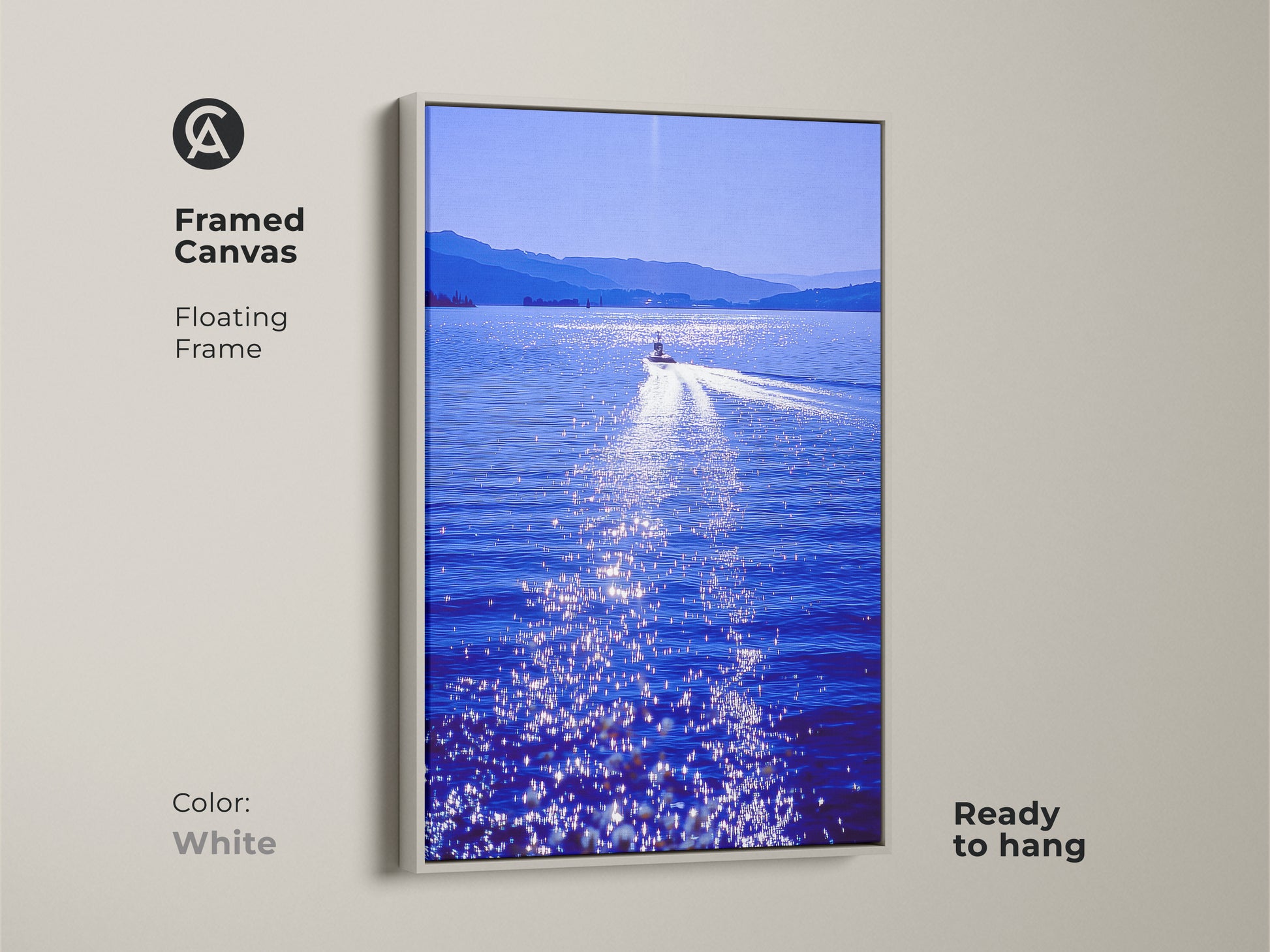 A framed canvas print shows a speedboat artwork on a blue lake with a white floating frame. This wall art is ready to hang adding a touch of aquatic adventure to any room. This contemporary home decor is perfect for travel lovers.