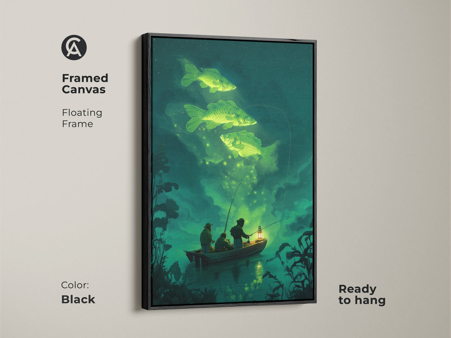 Framed canvas of surreal emerald green fishing art. The floating frame is black. This unique angler wall decor is ready to hang. The fantasy nature canvas art shows glowing carp. Fishermen are in a rowboat. It's a perfect gift for fishermen art lovers.