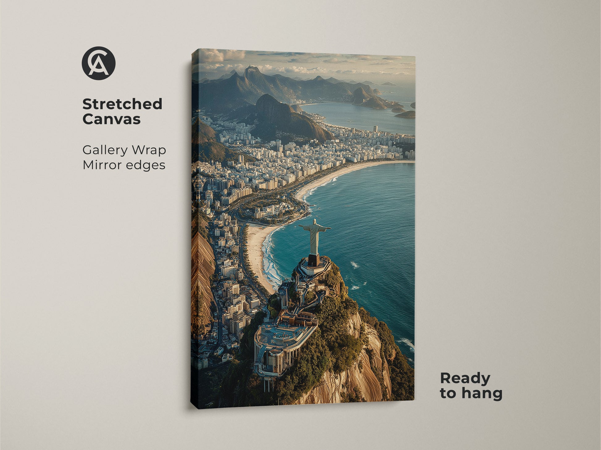 Stretched canvas of Christ the Redeemer statue in Rio. The gallery wrap features mirror edges for a seamless aesthetic. Showcasing an aerial cityscape art this blue green teal wall decor is ready to hang. It brings Brazil travel photography into your home a special present for travel enthusiasts.