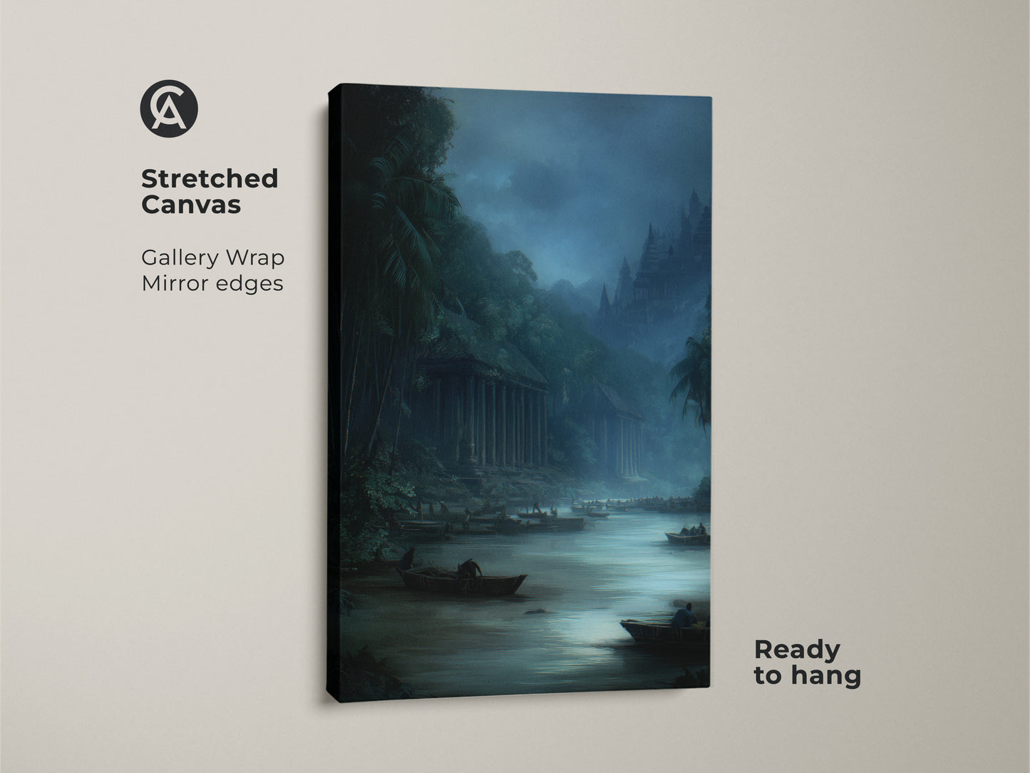 Stretched Canvas of a traditional river scene with boats. The misty grey landscape canvas art has deep blue and dark teal accents. Gallery wrapped with mirror edges this historical painting is ready to hang.
