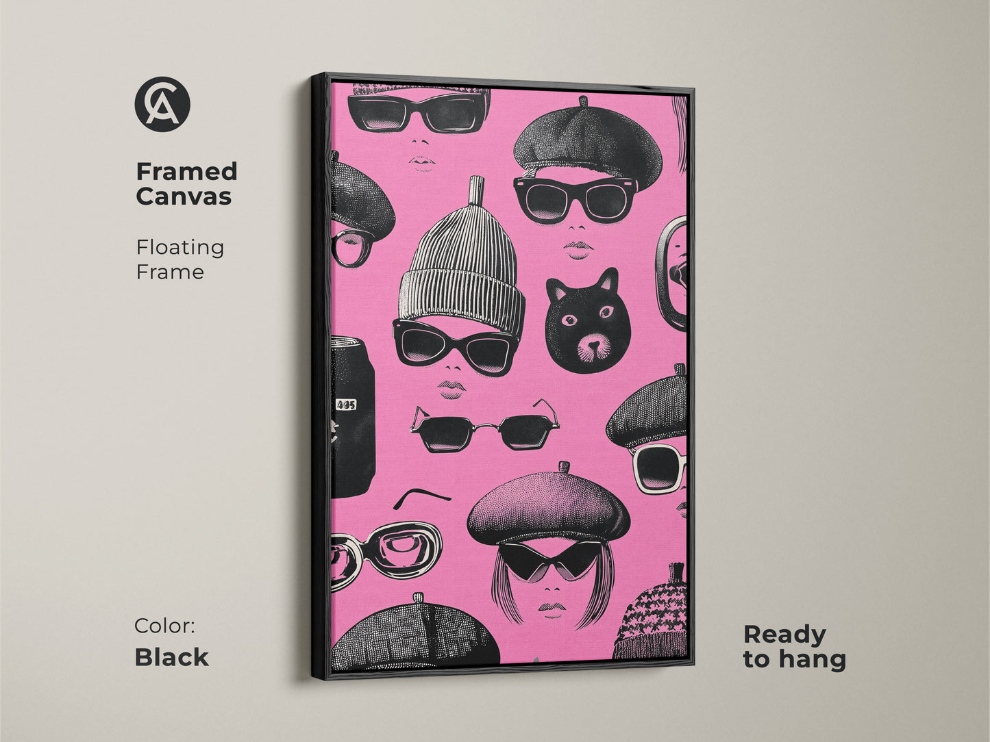 Framed canvas with a black floating frame. Retro pop art print featuring pink and black faces with sunglasses and berets. This piece of eclectic bedroom decor is ready to hang. It's a great gift for fashion lovers.