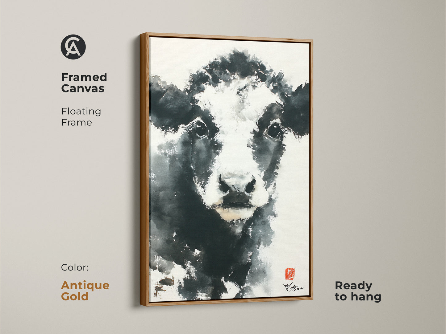 Framed canvas art features a black and white cow. The floating frame highlights the artwork. The antique gold frame adds vintage charm. Ready to hang and enjoy. Shop now to bring classic elegance to your walls.