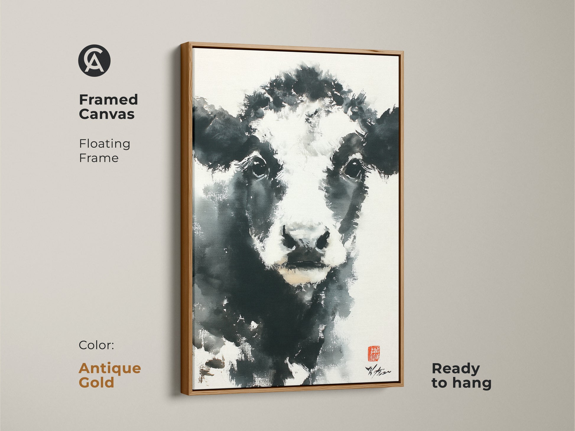 Framed canvas art features a black and white cow. The floating frame highlights the artwork. The antique gold frame adds vintage charm. Ready to hang and enjoy. Shop now to bring classic elegance to your walls.