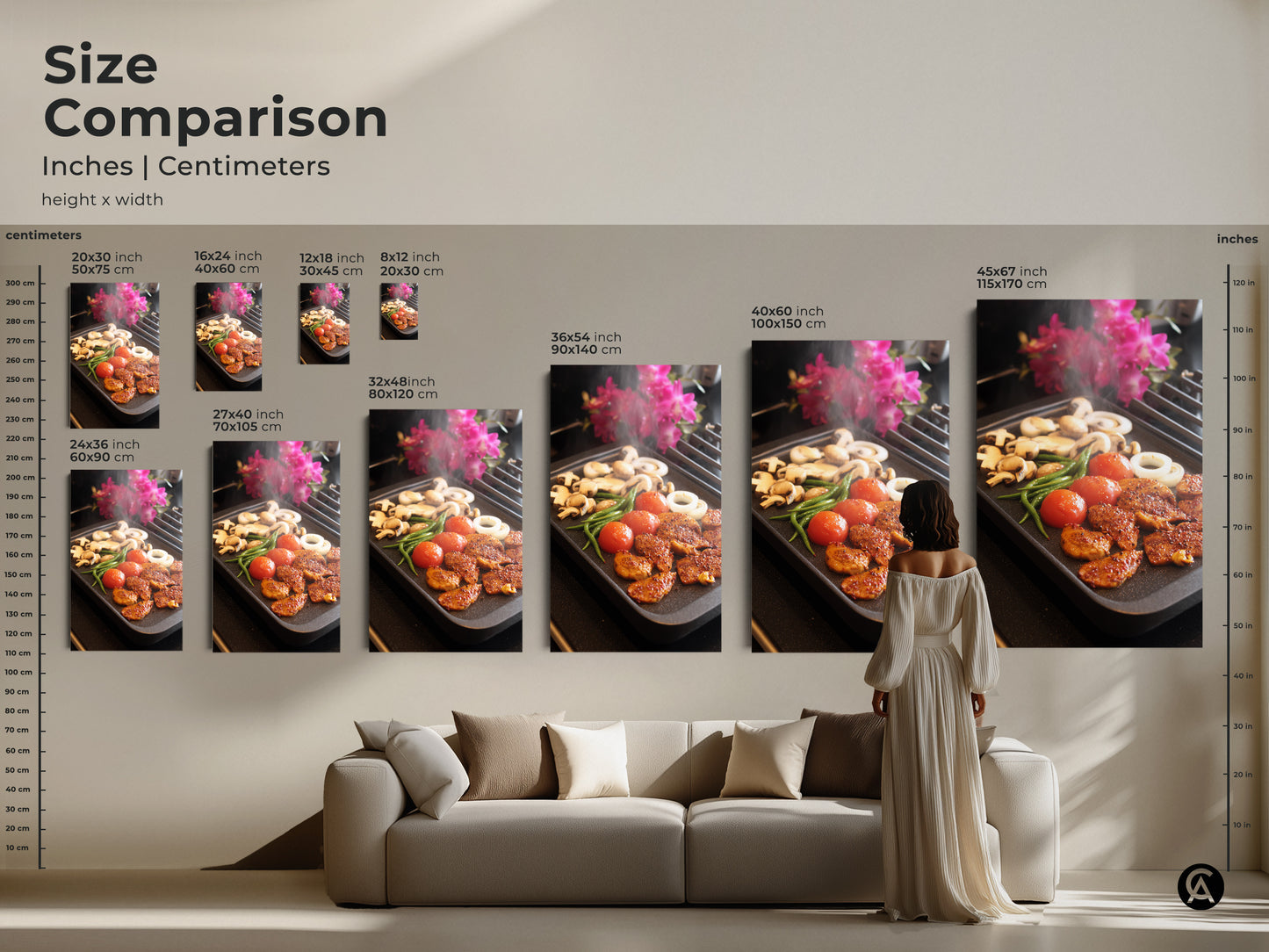 Compare sizes for grilling food wall art. This kitchen canvas print offers modern home decor. It is a foodie gift idea for the home cook. See how different sizes complement your space. Realistic cooking art as a still life food print. It is vibrant culinary art for your home.