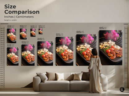 Compare sizes for grilling food wall art. This kitchen canvas print offers modern home decor. It is a foodie gift idea for the home cook. See how different sizes complement your space. Realistic cooking art as a still life food print. It is vibrant culinary art for your home.