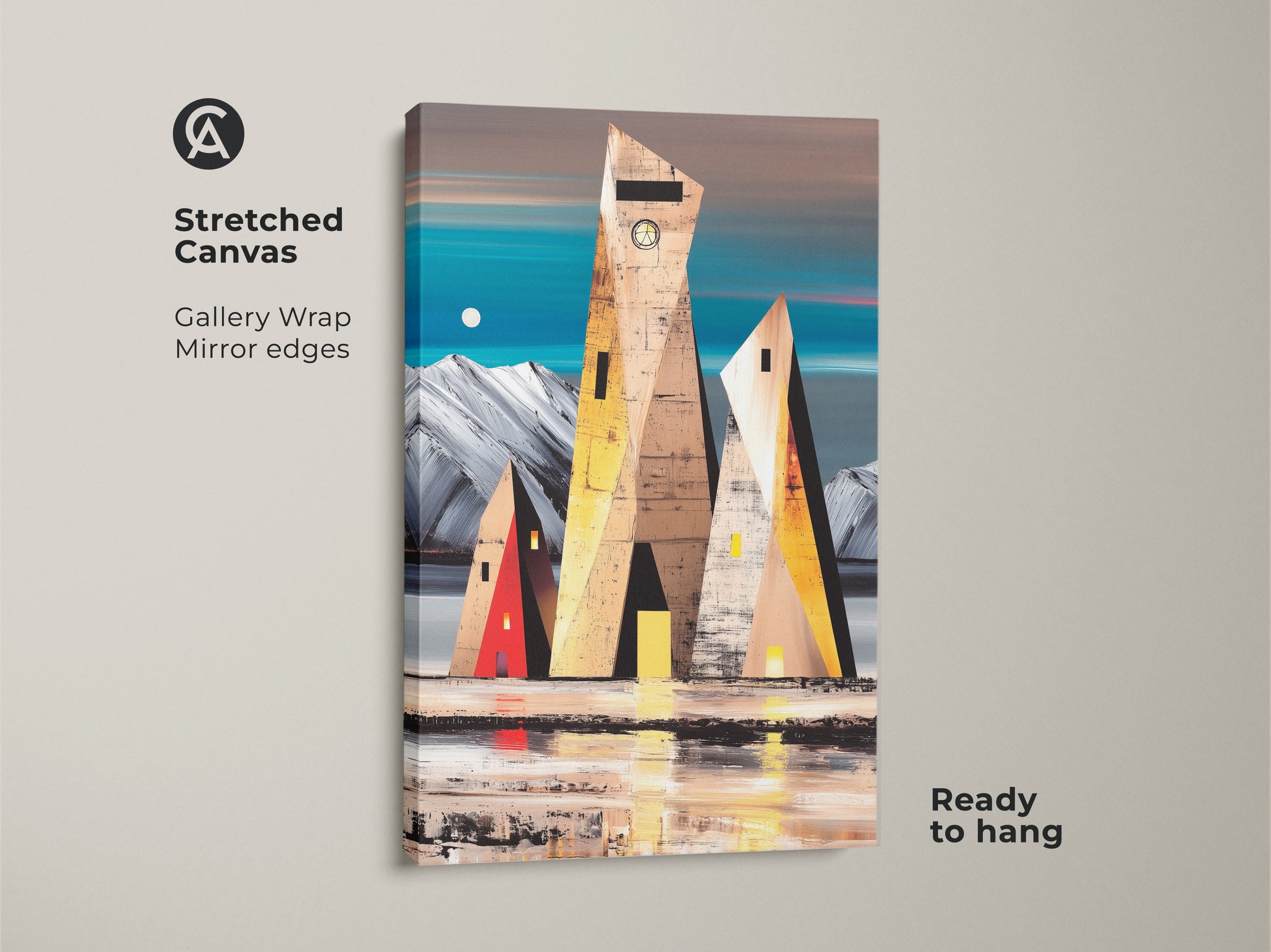 Stretched canvas geometric wall art featuring stylized buildings. Abstract landscape print with teal brown and yellow tones for living room decor. Ready to hang gallery wrap with mirror edges.