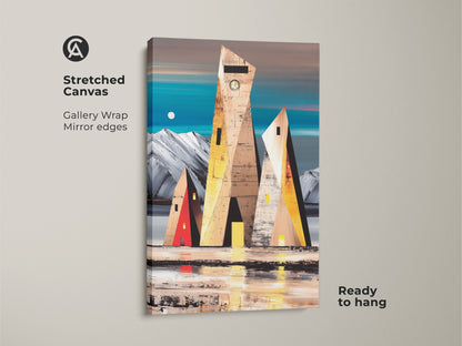 Stretched canvas geometric wall art featuring stylized buildings. Abstract landscape print with teal brown and yellow tones for living room decor. Ready to hang gallery wrap with mirror edges.