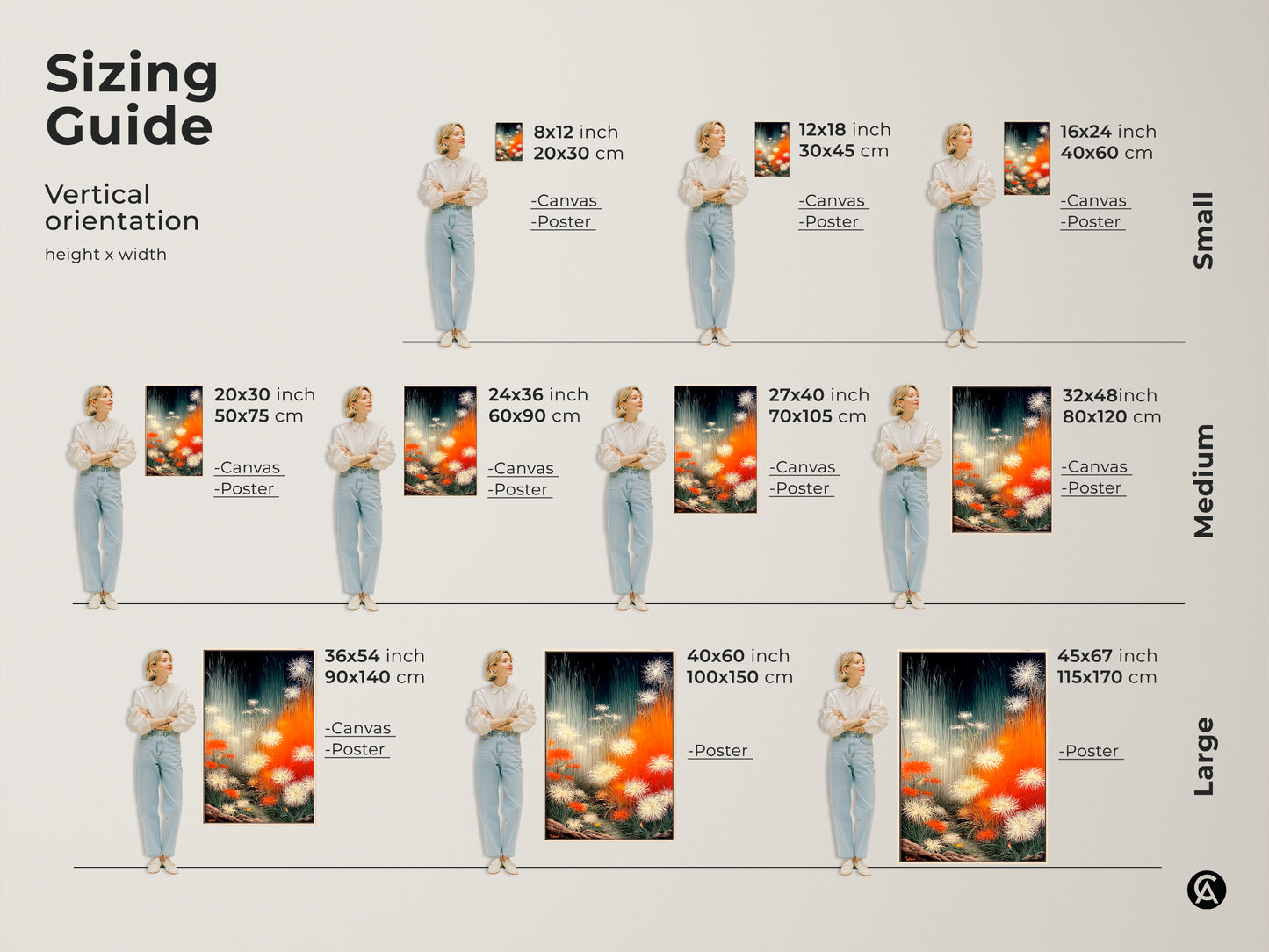 Sizing guide for vertical botanical art canvas and poster prints. Available sizes include small medium and large. Orange white and teal abstract floral dandelion art is perfect for bedrooms living rooms or offices. Discover the ideal dimensions to enhance your contemporary nature-inspired decor.