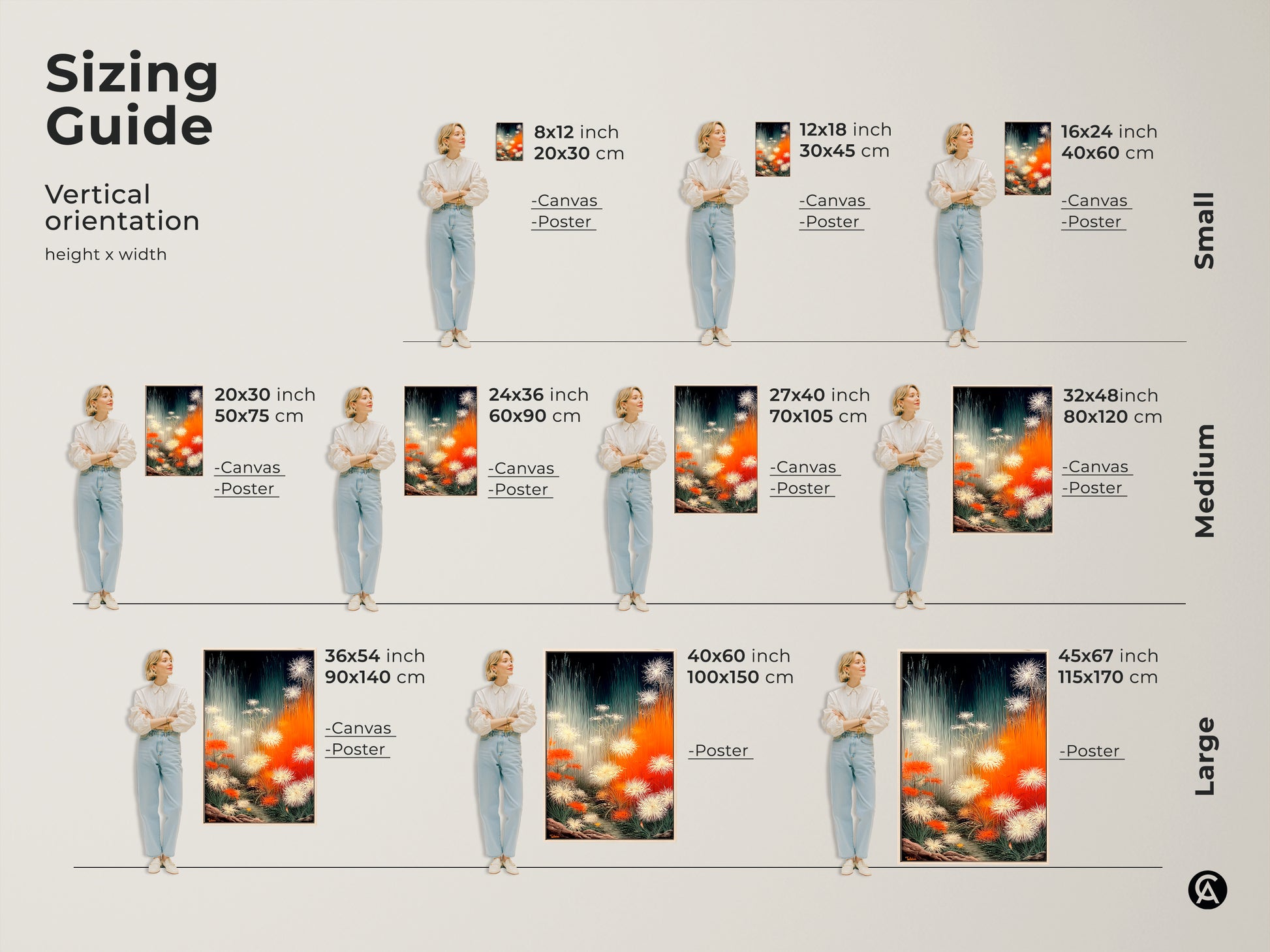 Sizing guide for vertical botanical art canvas and poster prints. Available sizes include small medium and large. Orange white and teal abstract floral dandelion art is perfect for bedrooms living rooms or offices. Discover the ideal dimensions to enhance your contemporary nature-inspired decor.