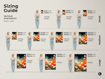 Sizing guide for vertical botanical art canvas and poster prints. Available sizes include small medium and large. Orange white and teal abstract floral dandelion art is perfect for bedrooms living rooms or offices. Discover the ideal dimensions to enhance your contemporary nature-inspired decor.