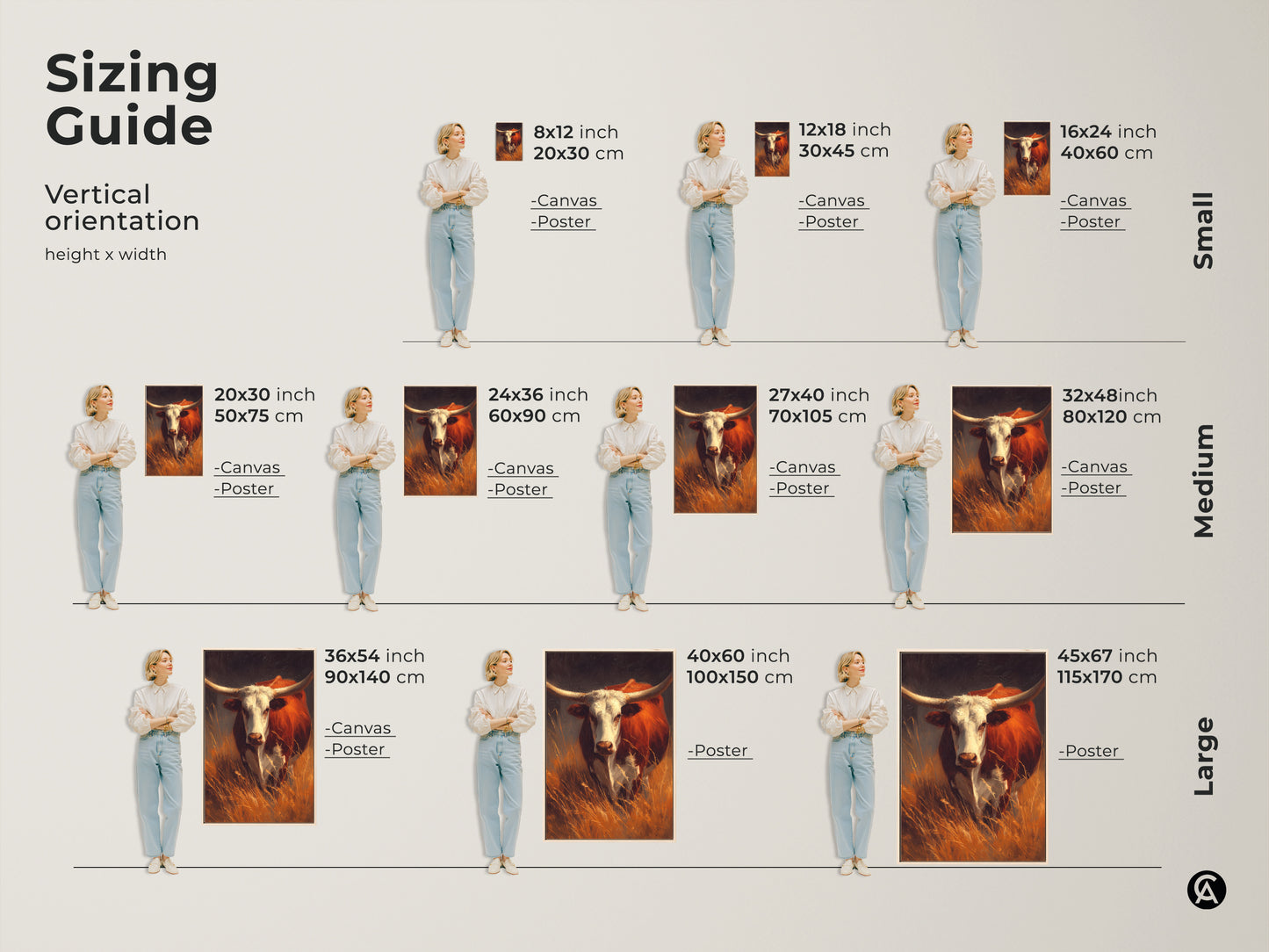 Sizing guide for vertical longhorn bull art. Available in canvas and poster prints. Choose from small medium and large sizes. Find the perfect size to fit your wall space. 