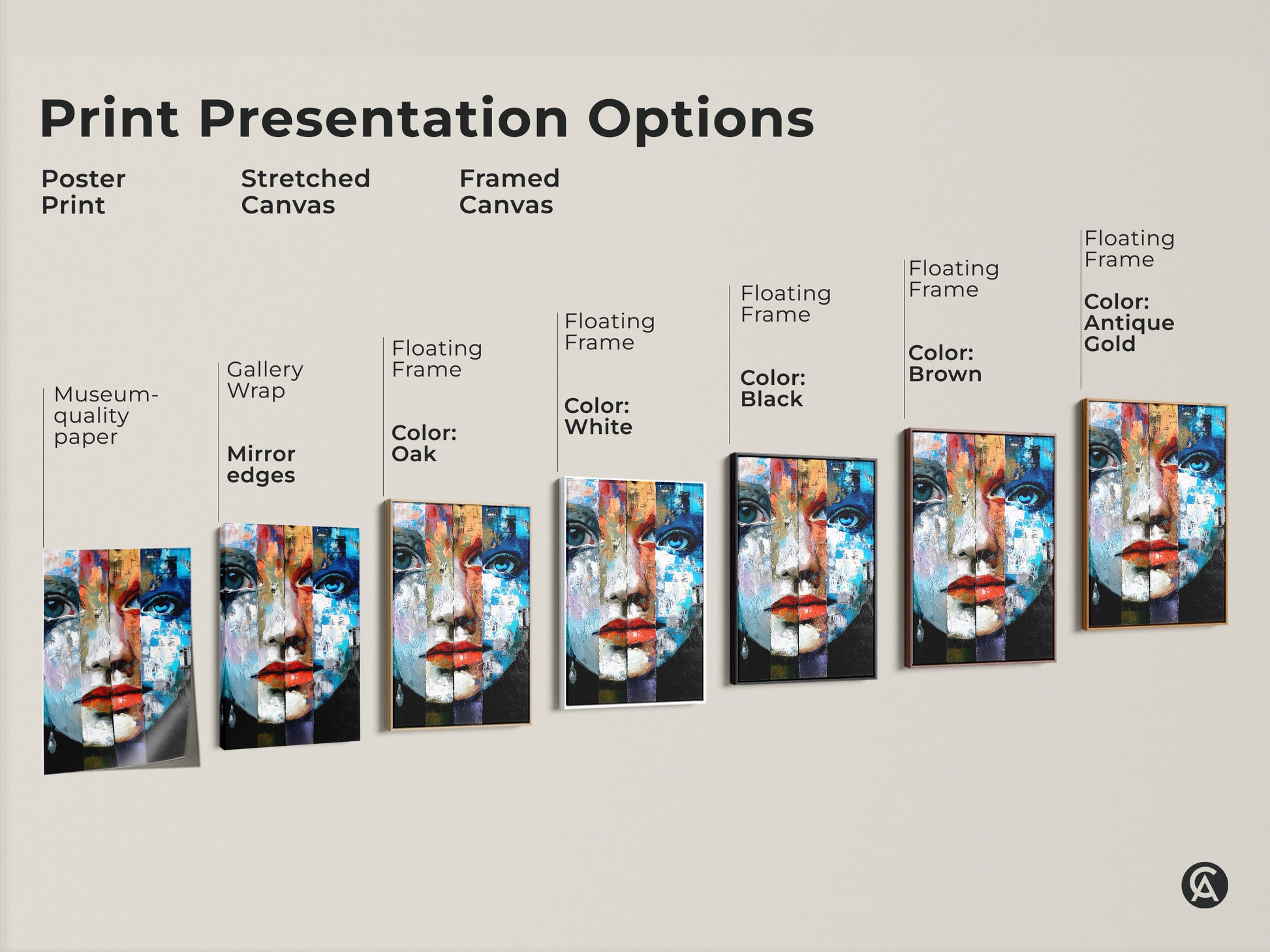 Explore Print Presentation Options! See the abstract woman's face art in poster print stretched canvas and framed canvas. Choose from museum-quality paper gallery wrap and floating frames. Various frame colors available.