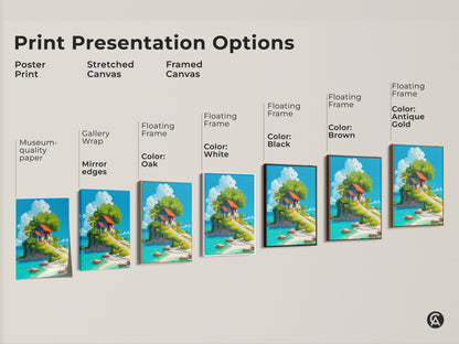 Explore print presentation options. This image displays poster prints stretched canvases and framed canvases. Each features an island house artwork. Choose from gallery wrap museum-quality paper and floating frames. Customize your art to match your style. Transform your space with beautiful wall art.