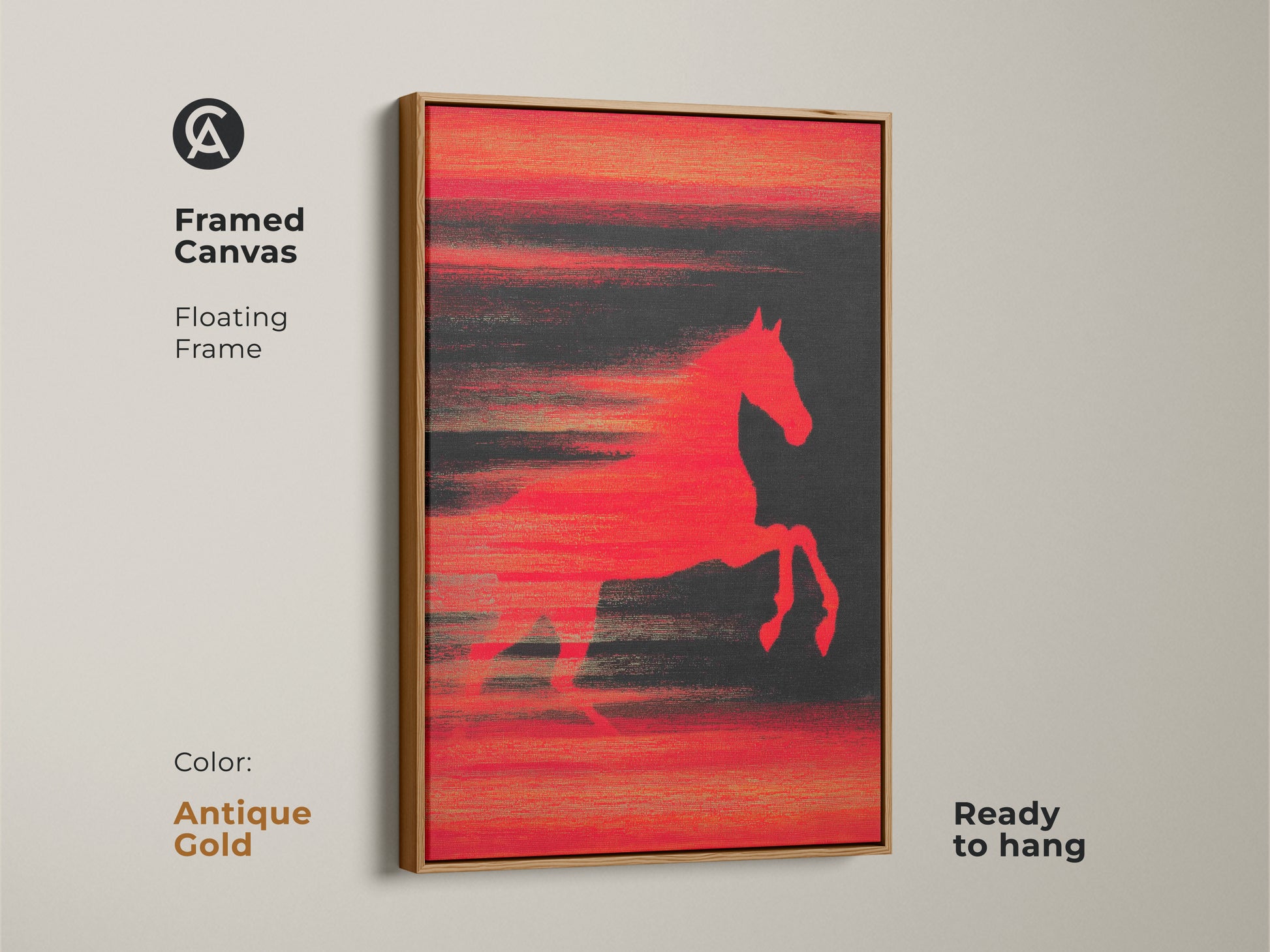 Framed Canvas of Abstract Horse Art in Antique Gold Frame. This modern animal artwork is ready to hang. A vibrant red horse leaps across a dark textured background. This contemporary piece adds a bold statement to any room. Perfect for lovers of equestrian wall decor.