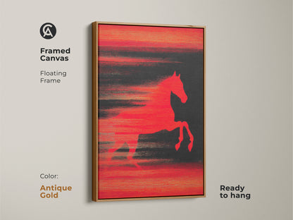 Framed Canvas of Abstract Horse Art in Antique Gold Frame. This modern animal artwork is ready to hang. A vibrant red horse leaps across a dark textured background. This contemporary piece adds a bold statement to any room. Perfect for lovers of equestrian wall decor.