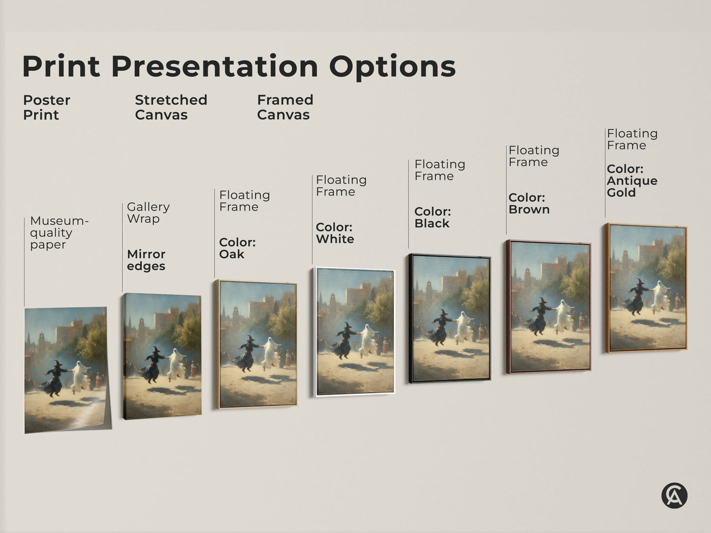 Explore print presentation options for gothic witch and ghost dance art. Choose from poster prints stretched canvas and framed canvas. Each offers museum quality with floating frames in black brown antique gold and white. Gothic Halloween fantasy wall art.