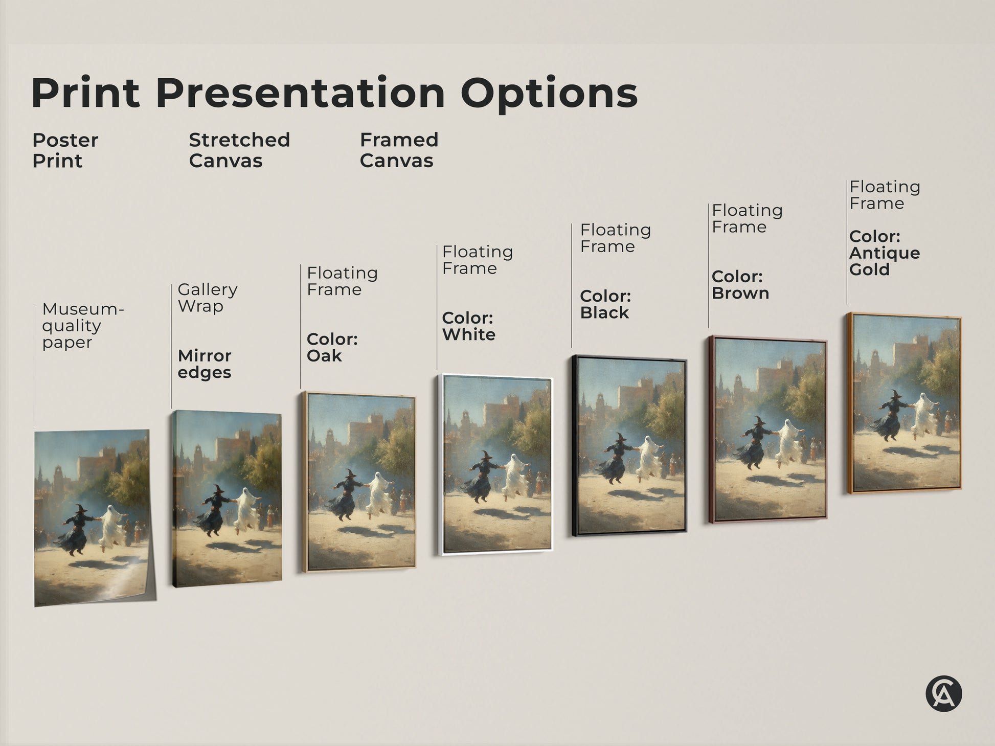 Explore print presentation options for gothic witch and ghost dance art. Choose from poster prints stretched canvas and framed canvas. Each offers museum quality with floating frames in black brown antique gold and white. Gothic Halloween fantasy wall art.