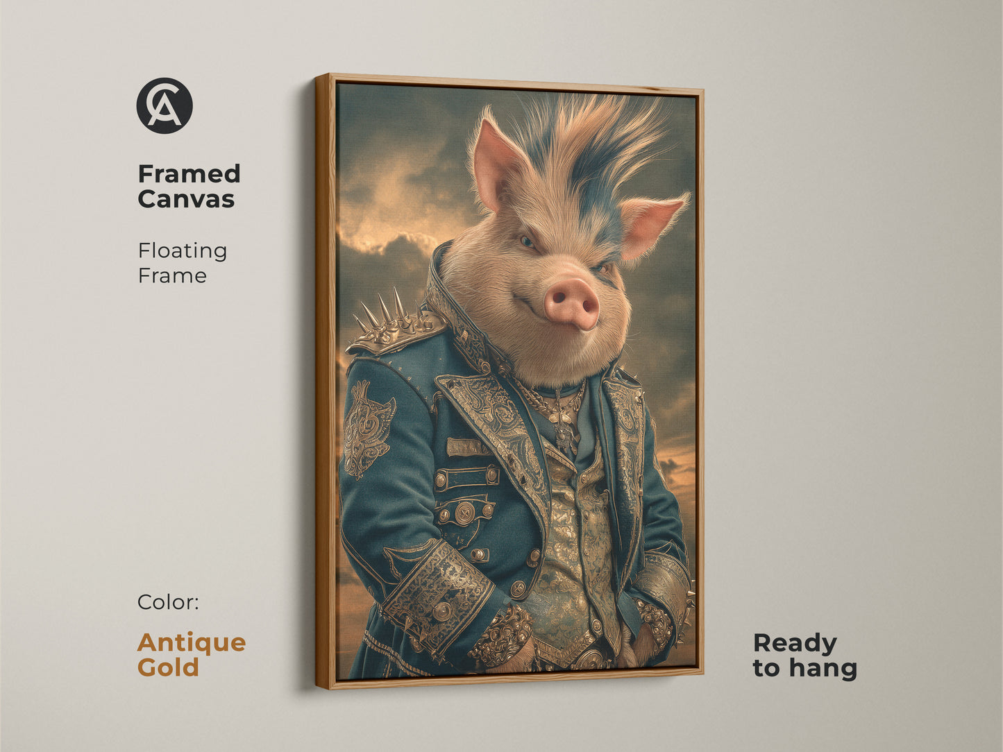 Framed Canvas in White featuring a regal pig aristocrat. Gothic fantasy pig artwork with floating frame is ready to hang. The teal and gold animal canvas is perfect for eclectic study wall decor.