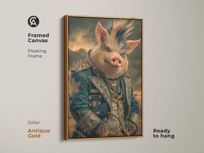Framed Canvas in White featuring a regal pig aristocrat. Gothic fantasy pig artwork with floating frame is ready to hang. The teal and gold animal canvas is perfect for eclectic study wall decor.