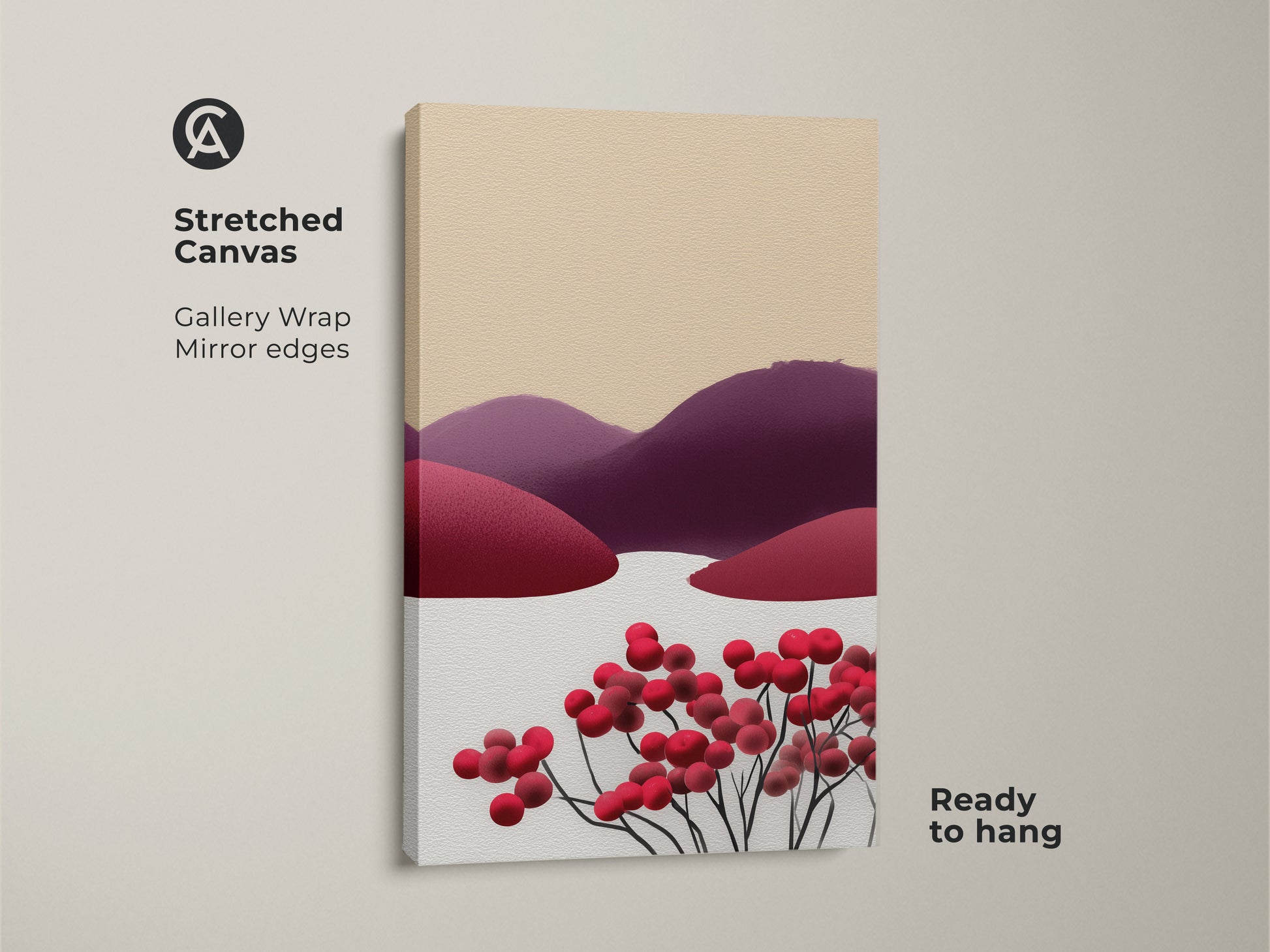 Stretched canvas of an abstract berry landscape. This minimalist hills wall art showcases Scandinavian folk art. The red purple and beige canvas adds color to any room. Ready to hang.