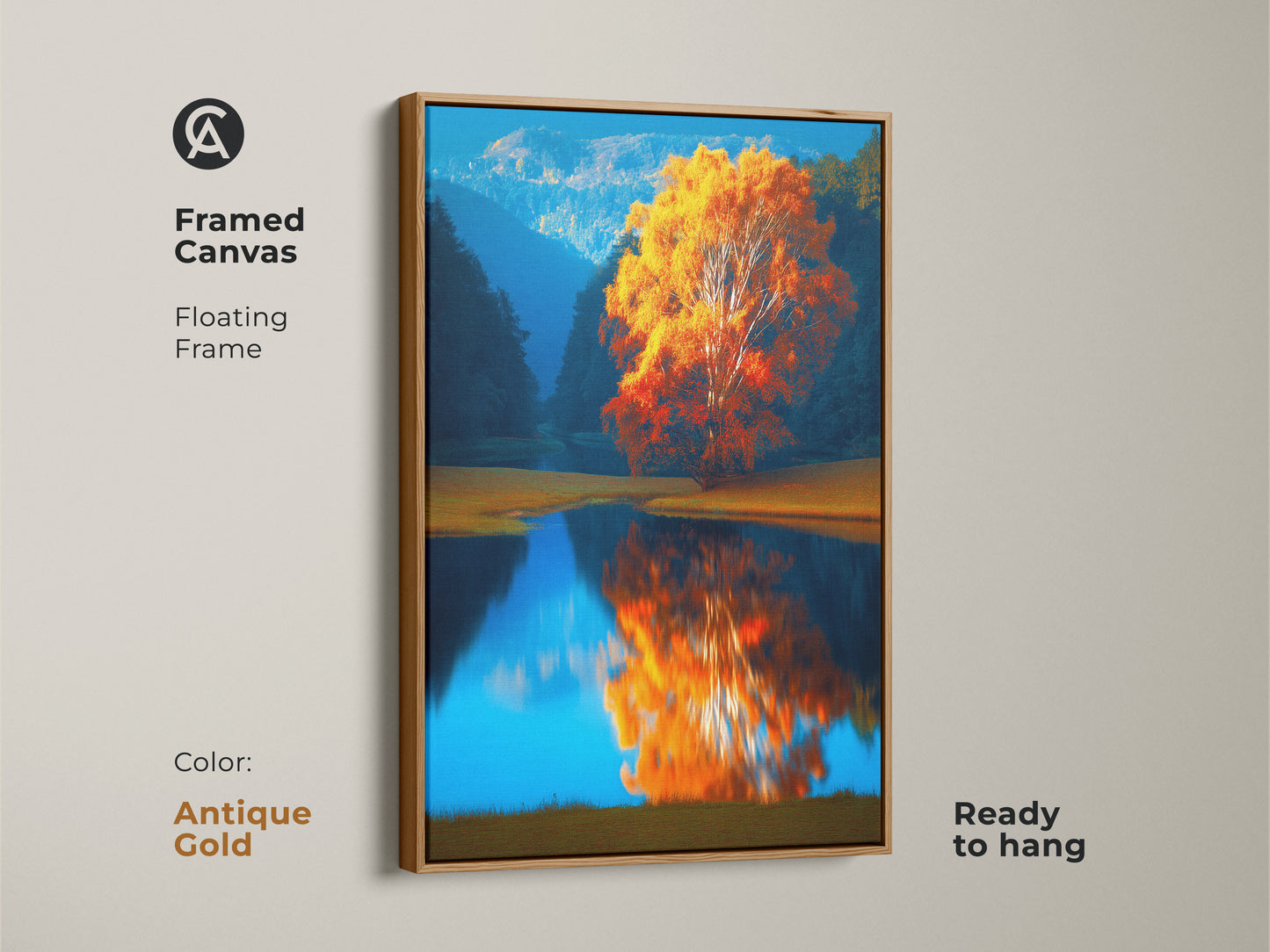 Framed Canvas with antique gold floating frame featuring Autumn Tree by Lake. Impressionistic landscape art with warm orange yellow tones reflecting on blue lake. Ready to hang nature artwork for boho bedroom decor. Bring the beauty of autumn indoors.