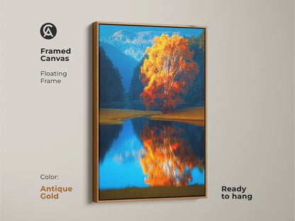 Framed Canvas with antique gold floating frame featuring Autumn Tree by Lake. Impressionistic landscape art with warm orange yellow tones reflecting on blue lake. Ready to hang nature artwork for boho bedroom decor. Bring the beauty of autumn indoors.