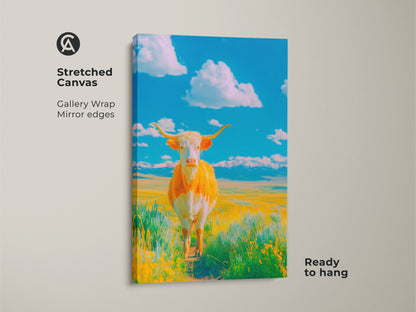 Stretched canvas artwork featuring a Longhorn cow. The cow is set against a blue sky with clouds. This gallery-wrapped canvas offers mirror edges. It arrives ready to hang adding a touch of rustic elegance to your decor.